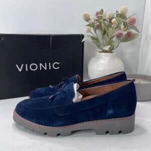 Vionic Finley Slip On Comfort Shoes Suede Loafers Navy Blue Women 7M NWB